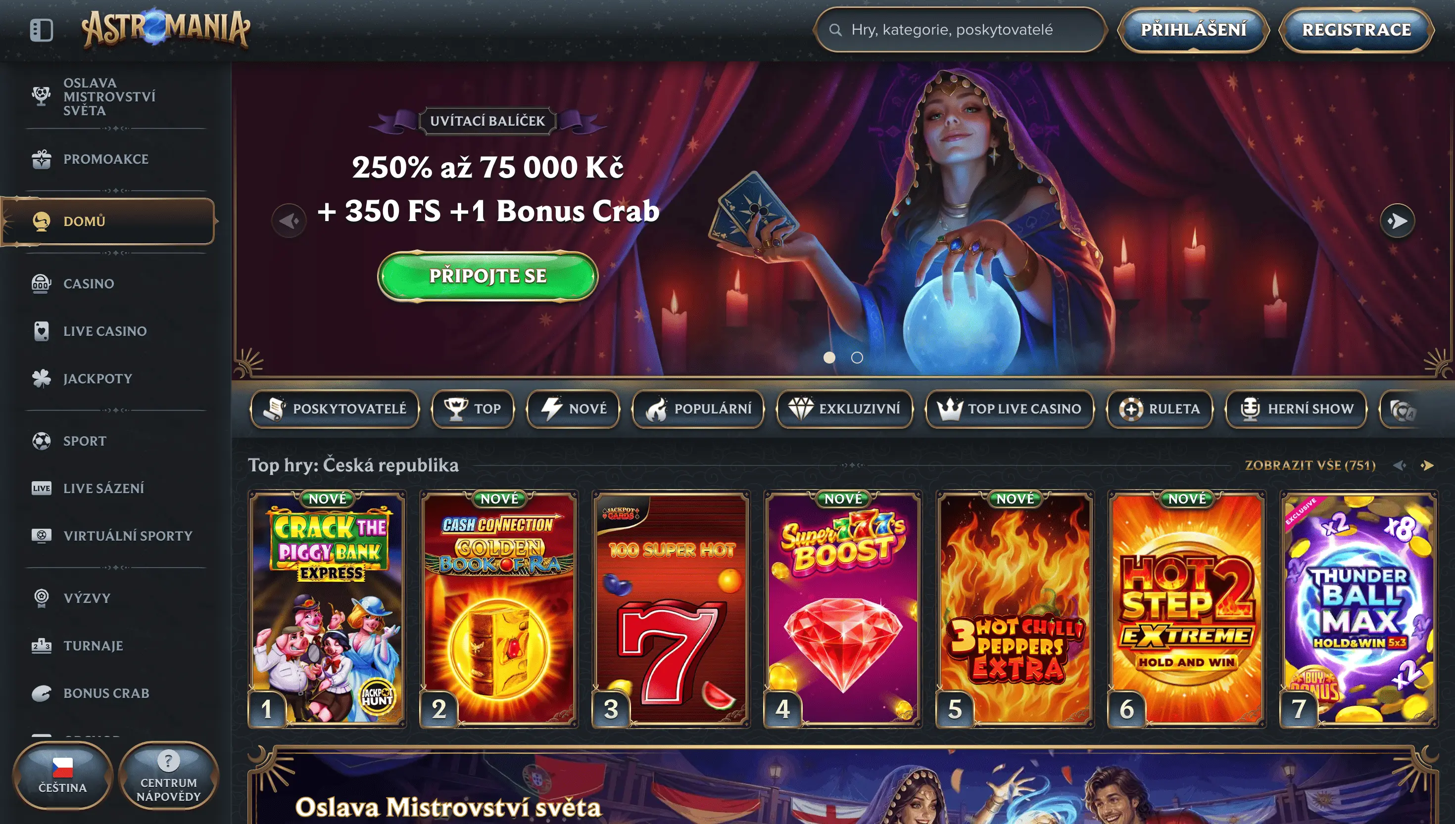 Astromania Casino – domovská stránka